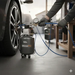 A compact air compressor connected to a pneumatic impact wrench for automotive repairs in a home workshop.