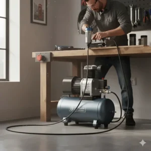 A person in a workshop using a quiet air compressor to power a pneumatic nail gun for DIY woodworking.