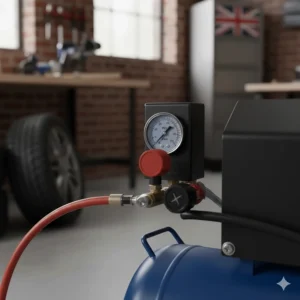 A close-up view of a pressure gauge and air regulator on a compressor showing BAR and PSI readings.