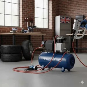A professional air compressor connected to a pneumatic nail gun and impact wrench for home maintenance.