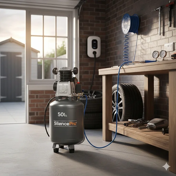 A high-performance portable air compressor positioned on a concrete floor in a well-organised UK residential garage. air compressor for garage