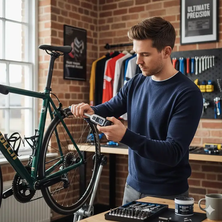 A cyclist using a precision bike torque wrench to tighten a carbon fibre seat post bolt in a modern workshop. bike torque wrench
