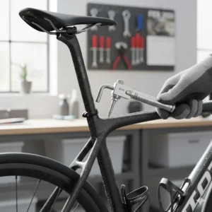 A small-range torque wrench being used on a carbon fibre road bike frame, ideal for British cycling enthusiasts.