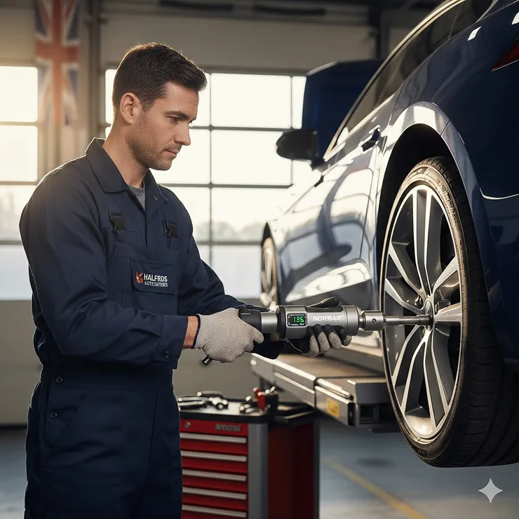A professional mechanic using the best torque wrench to tighten wheel nuts on a car in a UK garage. best torque wrench
