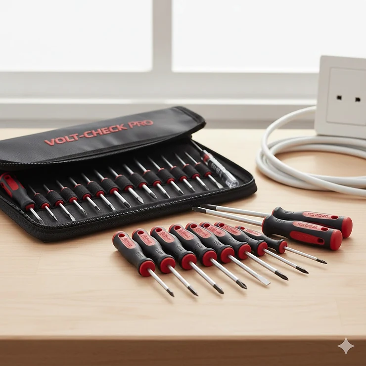 Professional VDE-certified electrician screwdriver set with insulated handles and carry case, compliant with UK safety standards. electrician screwdriver set