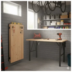 A space-saving wall-mounted folding workbench ideal for a small British garage or shed.