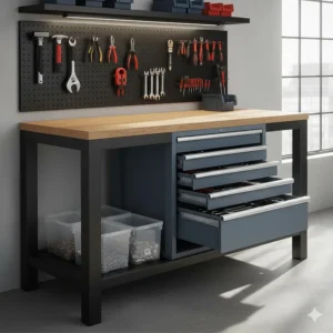 An organised workbench featuring integrated metal tool drawers and a lower storage shelf.