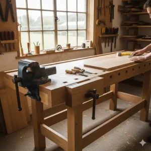 Traditional wooden joiner's workbench featuring a built-in front vice and dog holes for woodworking.