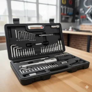 A comprehensive bike torque wrench kit including hex bits, Torx heads, and an extension bar in a protective carry case.
