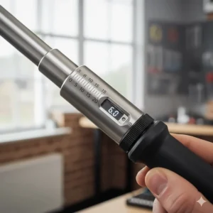 Close-up of the Newton metre adjustment scale on a mechanical bike torque wrench showing precise measurement markings.