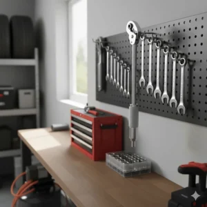 A budget torque wrench hanging on a black pegboard in a modern British home garage next to a set of spanners.
