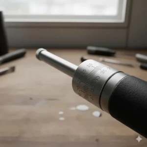 Close-up of the micrometer adjustment scale on a budget torque wrench showing Newton metre (Nm) torque settings.