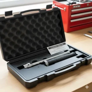 A budget torque wrench stored in a black protective plastic case alongside its UK calibration certificate on a workbench.