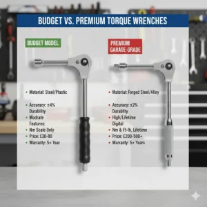 An infographic comparing a budget torque wrench with a premium garage-grade model, highlighting price and accuracy in GBP.