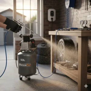 Using an air compressor blow gun attachment to clear sawdust and debris from a wooden workbench.
