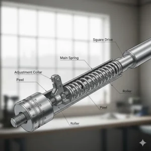 Technical illustration showing the internal spring and pawl mechanism of a British-standard click-type torque wrench.