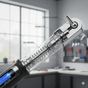 A technical cutaway illustration of a click-type bike torque wrench showing the internal spring and ball bearing mechanism.