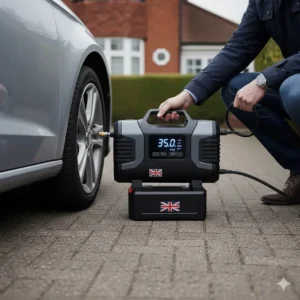 A cordless rechargeable portable air compressor with a lithium-ion battery pack for cable-free tyre inflation.