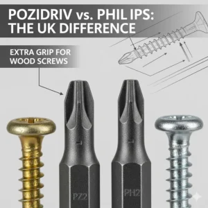 A side-by-side comparison diagram showing a Pozi bit with extra tick marks versus a standard Phillips bit, explaining the best screwdriver set for UK wood screws.
