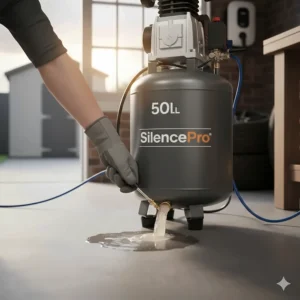 Illustrating how to drain the condensation valve on the underside of a garage air compressor tank.