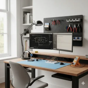 A compact hobbyist workbench with an anti-static mat and built-in power sockets for electronics.