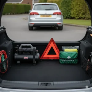A portable air compressor stored neatly in a car boot emergency kit alongside a warning triangle.