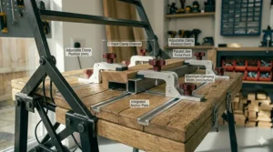 Folding workbench featuring built-in adjustable clamps for securing woodwork projects.
