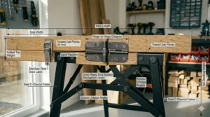 Technical diagram showing the height and width measurements of the folding workbench.