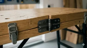Close-up of the smooth folding hinge mechanism on a space-saving workbench.
