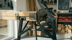 A compact folding workbench installed inside a typical British garden shed.