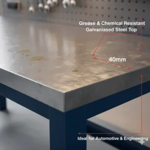 A heavy duty workbench with a grease-resistant galvanised steel top for automotive and engineering tasks.