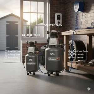 A diagram comparing 24-litre and 50-litre air compressor tanks for different UK garage tasks.