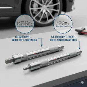 Illustration showing the difference between 1/2-inch and 3/8-inch drive torque wrenches for car maintenance.