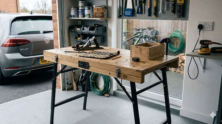 Heavy-duty folding workbench set up in a British garage workshop with tools on the wall. folding workbench