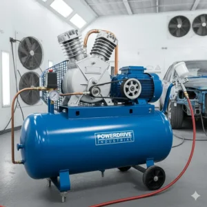 A heavy-duty belt-driven industrial air compressor in a professional UK automotive spray booth.