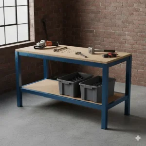 A robust blue steel industrial-grade workbench with a thick MDF worktop for heavy DIY tasks.