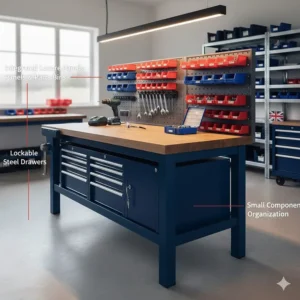 A workbench station featuring rear louvre panels and plastic parts bins for small component organisation.