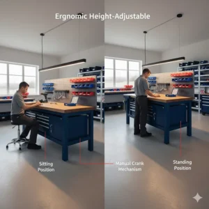 Ergonomic height-adjustable heavy duty workbench allowing for sitting or standing work in a warehouse.