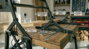 Step-by-step illustration showing how to quickly assemble and lock the folding workbench legs.