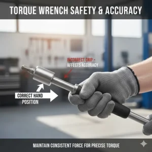 Diagram demonstrating the correct hand position on a torque wrench handle to ensure accurate torque application.