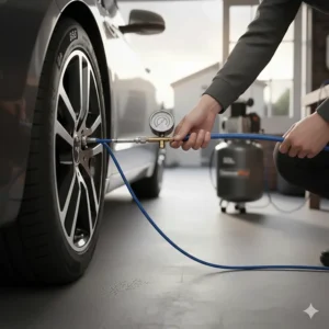 Close-up of a person using a garage air compressor to check and inflate car tyres to the correct PSI.