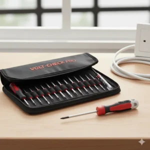 Compact interchangeable VDE screwdriver set with removable insulated blades for mobile UK electricians.