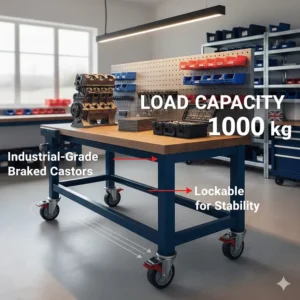A heavy duty mobile workbench featuring industrial-grade braked castors for easy movement.