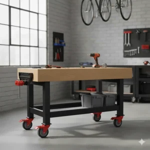 A portable mobile workbench on locking swivel castors, perfect for flexible workshop layouts.