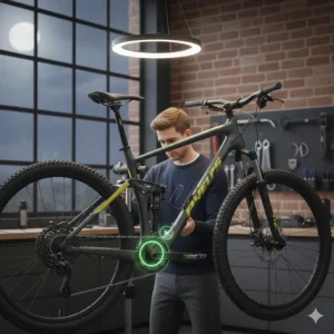 A mountain bike on a workstand with a highlighted focus on using a torque wrench for rear suspension pivot bolts.