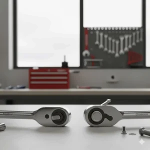 Comparison of the slimline ratchet head profiles of Norbar and Draper wrenches, showing clearance for tight engine bays.