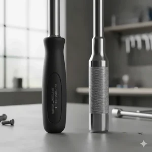 Close-up of the ergonomic rubberised handle on a Norbar wrench contrasted with the knurled metal grip of a Draper Expert model.