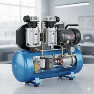 A detailed technical illustration showing the internal oil-free motor of a modern air compressor.