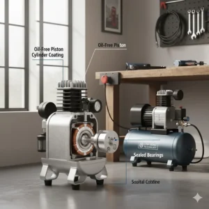 A detailed technical cutaway of an oil-free silent air compressor motor showing the internal pistons and bearings.