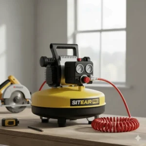A yellow pancake-style air compressor sitting on a wooden workbench for easy portability on site.